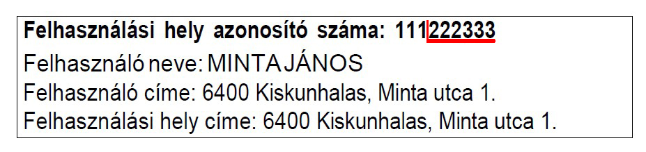 Fogyasztási hely azonosító helye a számlán